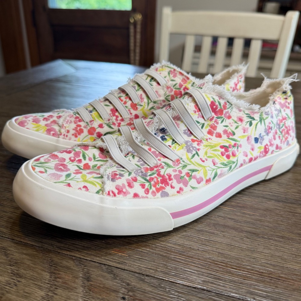 Rocket Dog Mellow Size 10 Floral Canvas Slip On Sneakers White Pink Frayed Edge